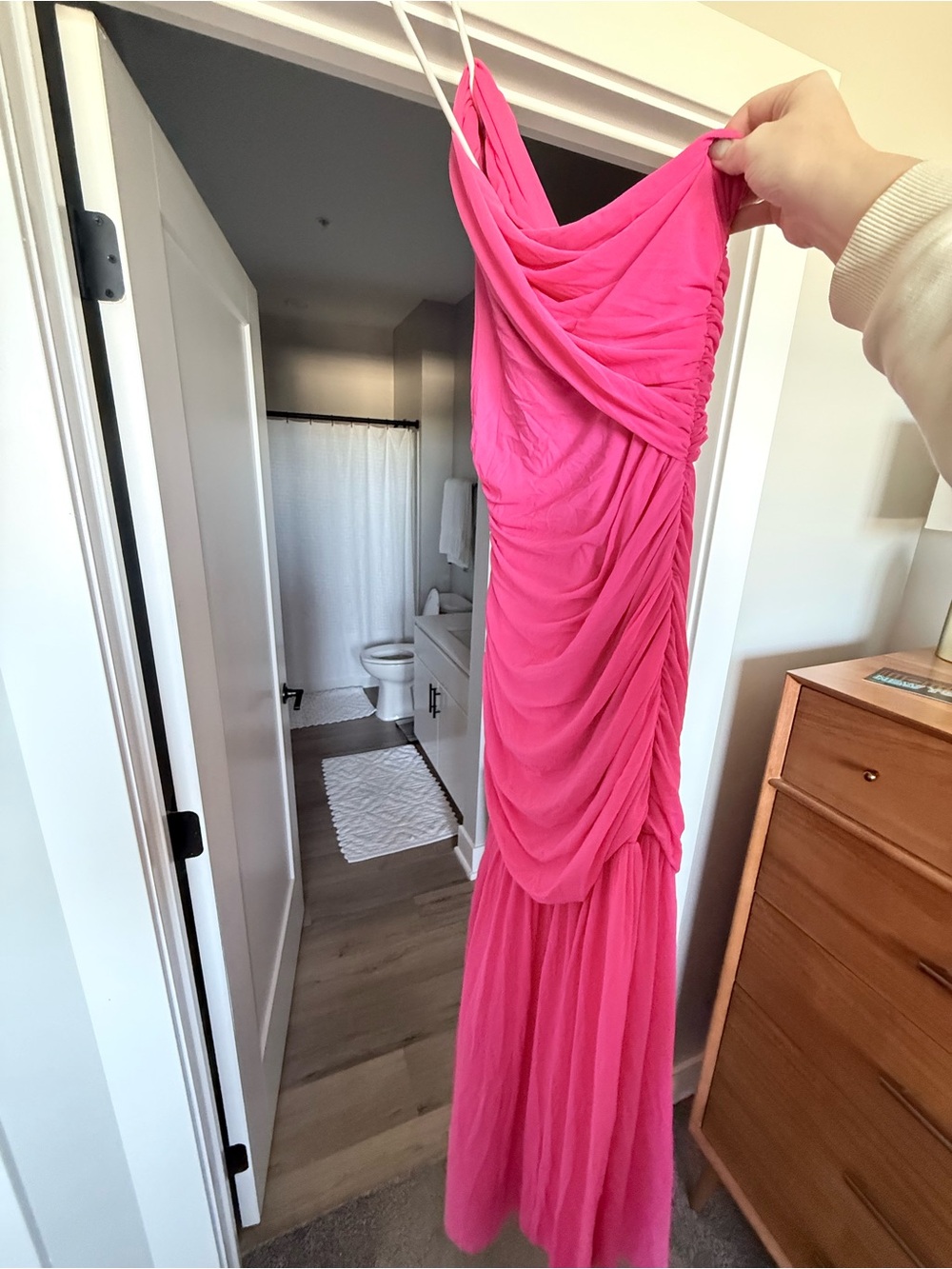 Amazon One-Shoulder Ruched Hot Pink Evening Dress